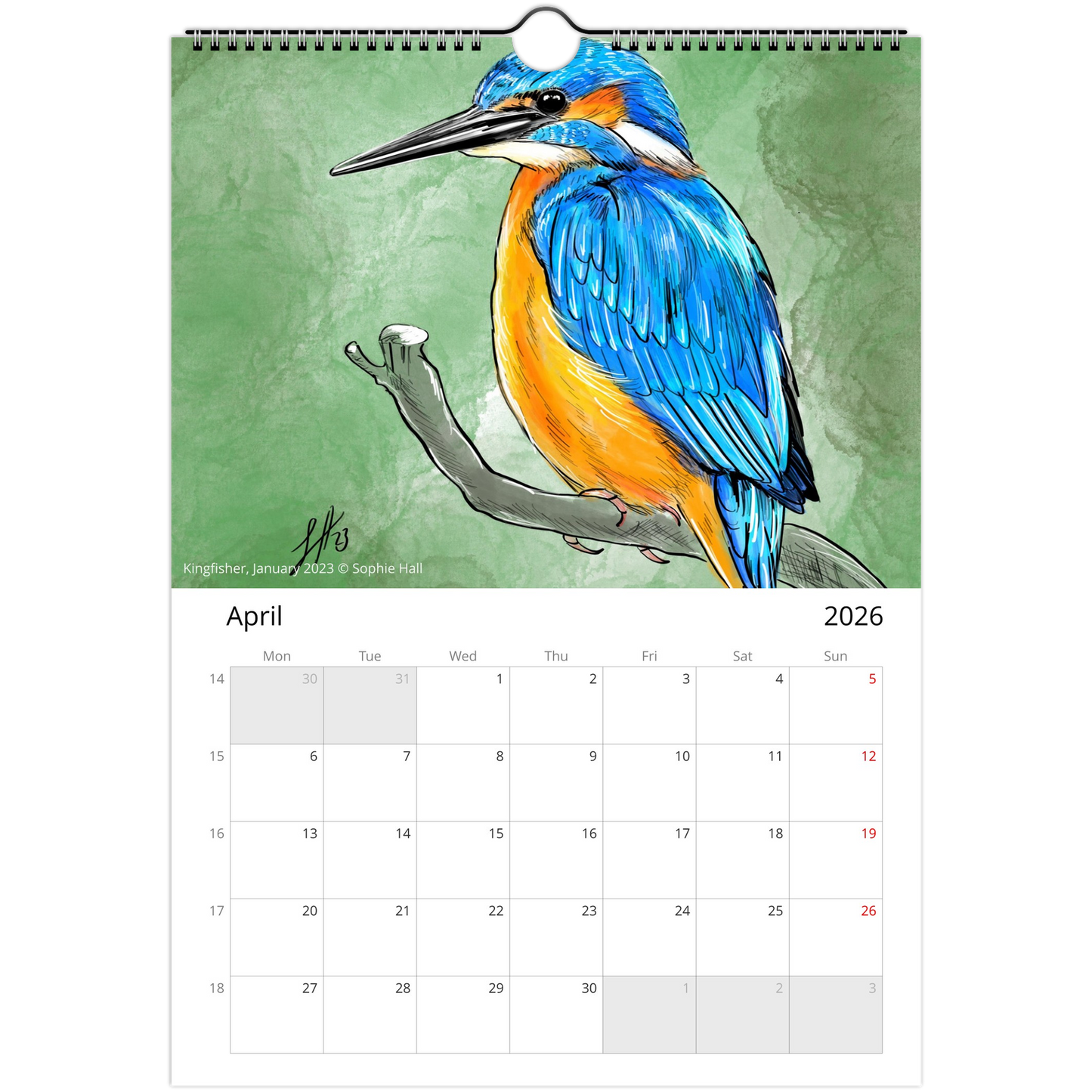 Calendar page for April 2026 with a colorful bird illustration on a green background