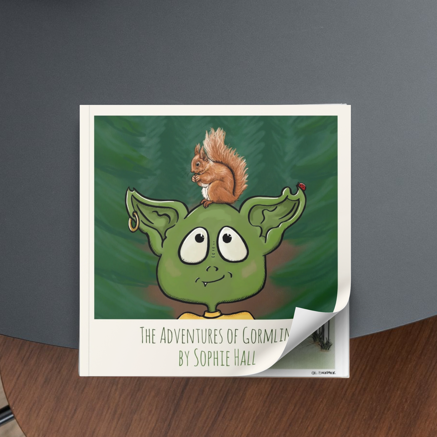 Picture book "The Adventures of Gormlin" sitting on a grey coffee table, featuring a cartoon illustration of a green goblin with a squirrel on it's head