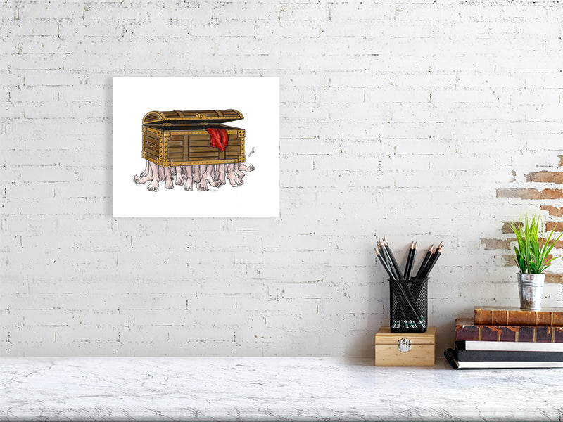 A medium unframed ink illustration of the Luggage from Terry Pratchett's Discworld, hanging on a white brick wall over a marble desk.