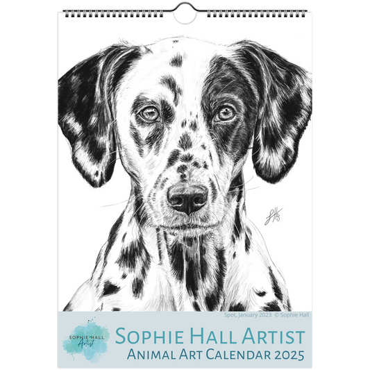 Calendar cover with a black and white drawing of a dalmatian dog, featuring the Sophie Hall Artist branding.