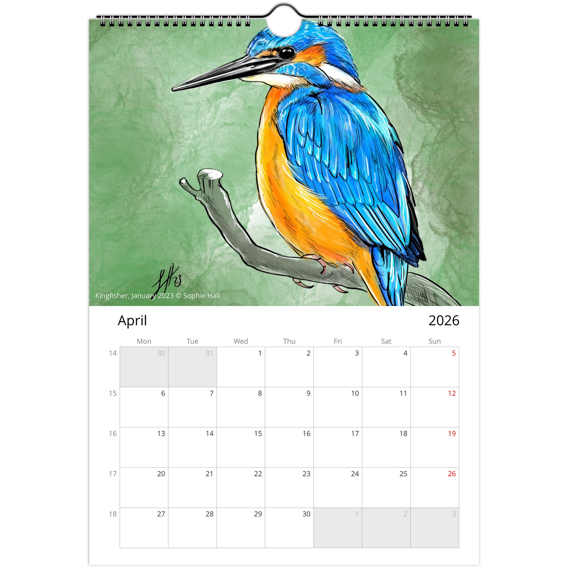 Calendar page for April 2026 with a colorful bird illustration on a green background