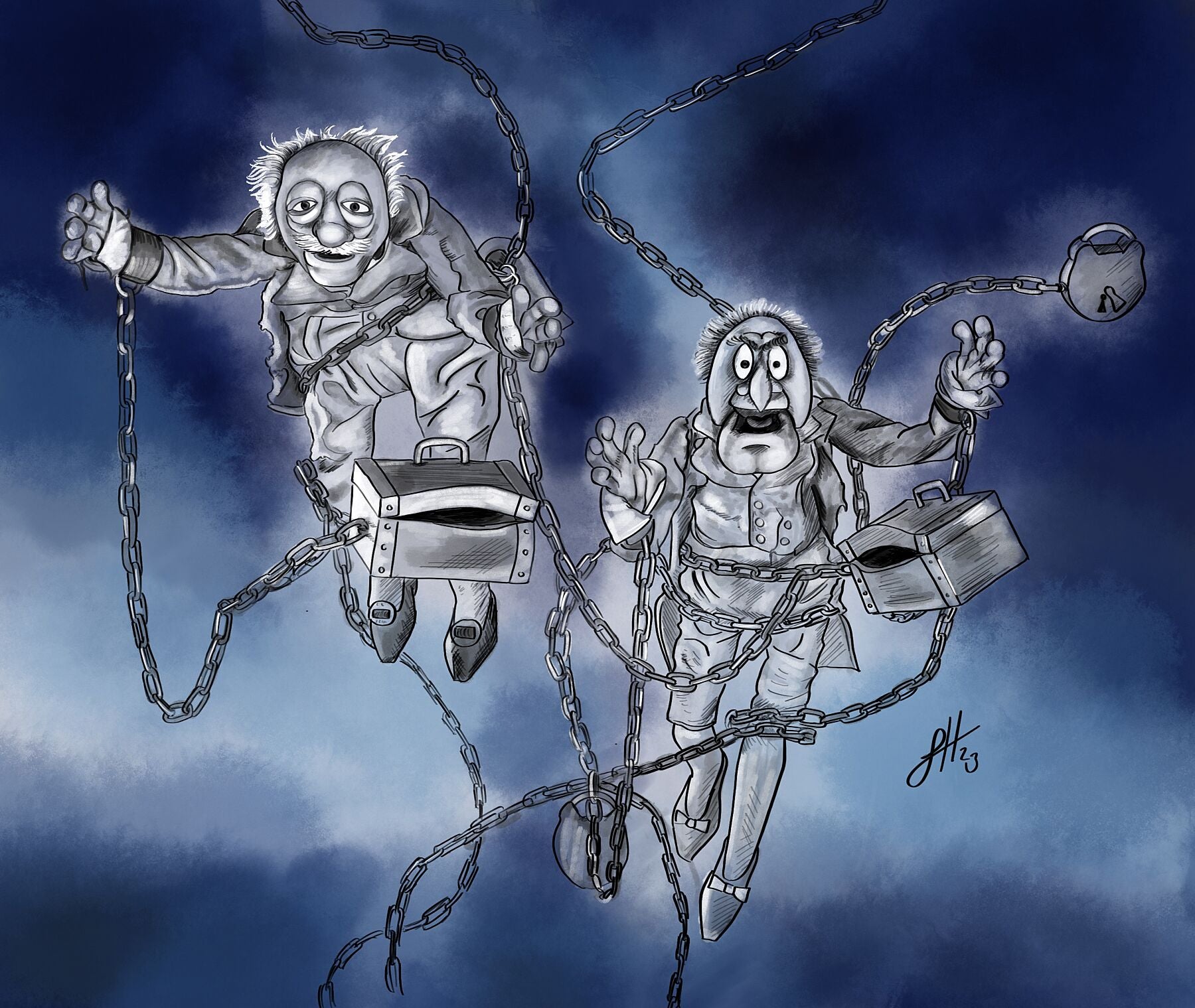An artwork featuring two cartoon characters resembling Marley and Marley from A Muppet Christmas Carol, depicted with chains and flying through a dark sky.
