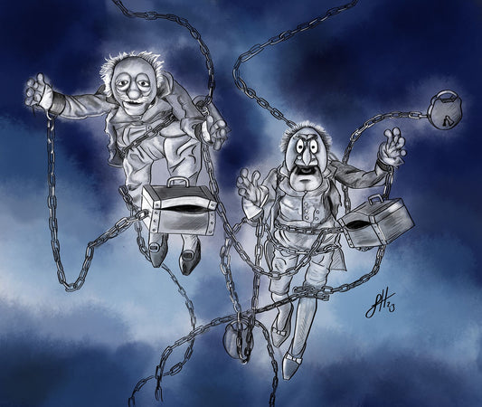 An artwork featuring two cartoon characters resembling Marley and Marley from A Muppet Christmas Carol, depicted with chains and flying through a dark sky.