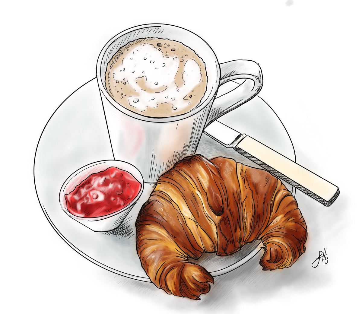 A hand-drawn illustration of a breakfast scene on a white plate: a frothy coffee cup, a croissant, a small bowl of red jam, and a knife, rendered in warm brown, cream, red, and gray tones on a white background.
