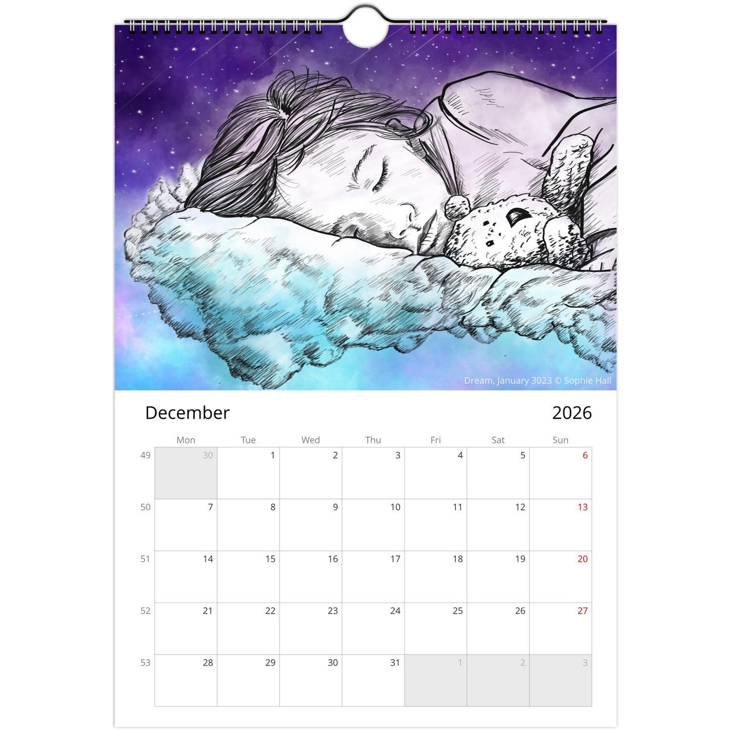 Calendar for December 2026 with a sleeping child and teddy bear drawing on a blue and purple background.