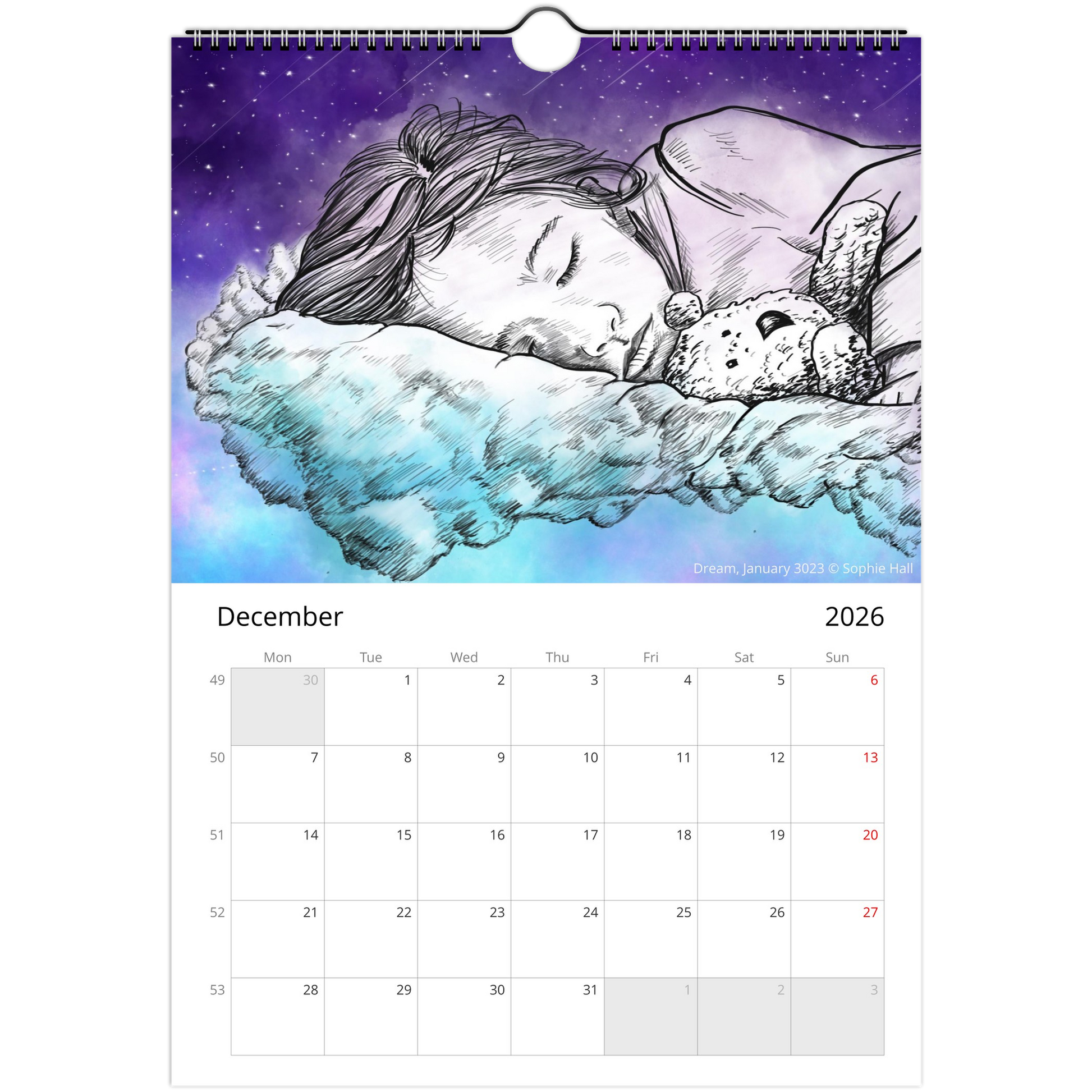 Calendar for December 2026 with a sleeping child and teddy bear drawing on a blue and purple background.