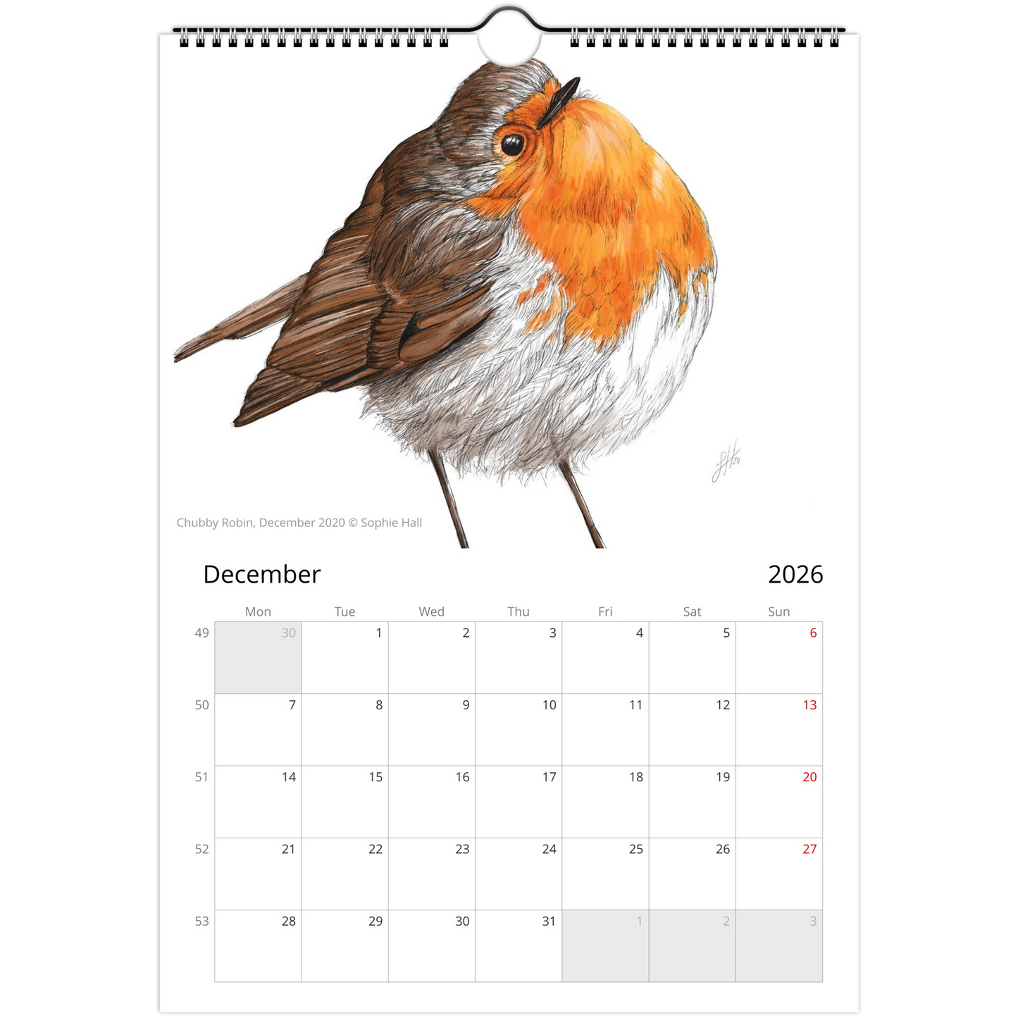 Calendar page for December 2026 with a robin illustration by Sophie Hall on a white background