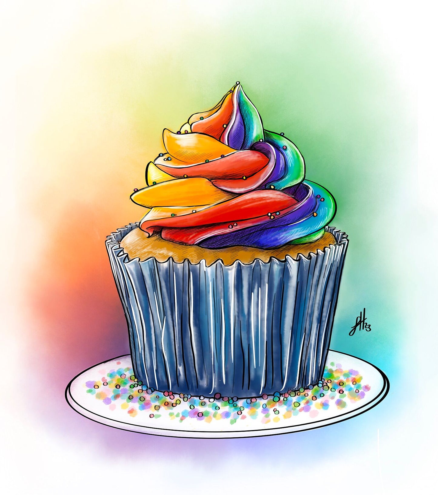 An artistic ink drawing of a cupcake topped with multi-colored frosting, depicted with vibrant pastel colours and a signature in the bottom right corner.