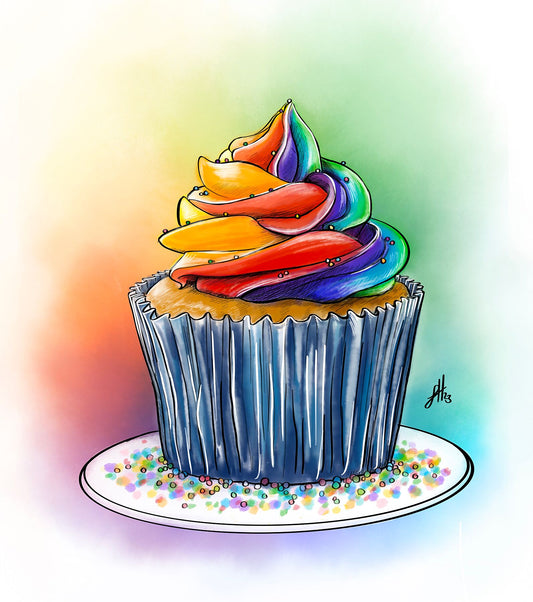 An artistic ink drawing of a cupcake topped with multi-colored frosting, depicted with vibrant pastel colours and a signature in the bottom right corner.