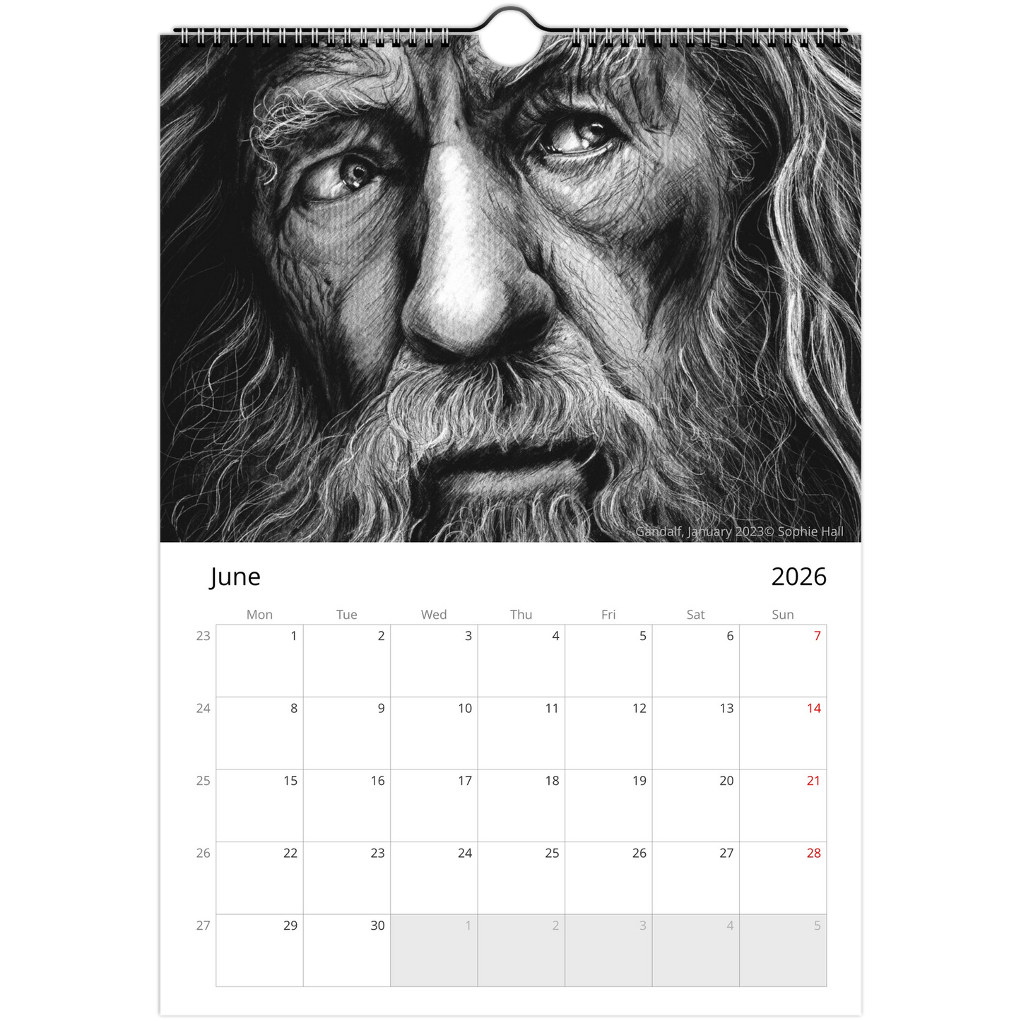 Calendar page for June 2026 with a black and white drawing of Ian McKellen's face.