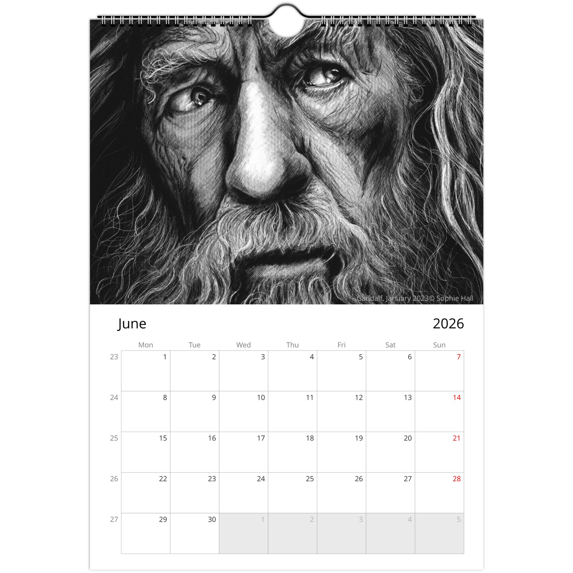 Calendar page for June 2026 with a black and white drawing of Ian McKellen's face.