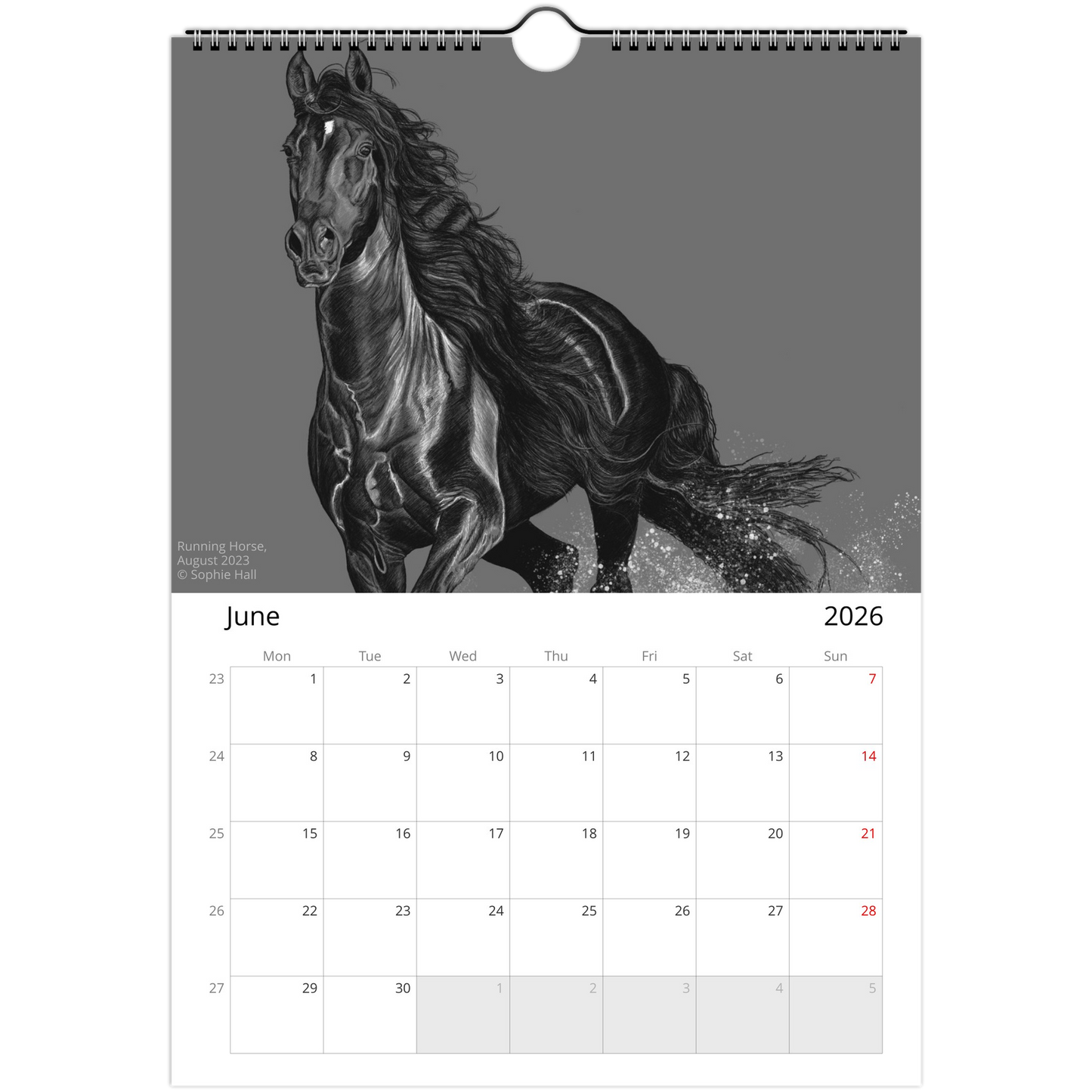 Calendar page for June 2026 with a black and white horse illustration on a gray background