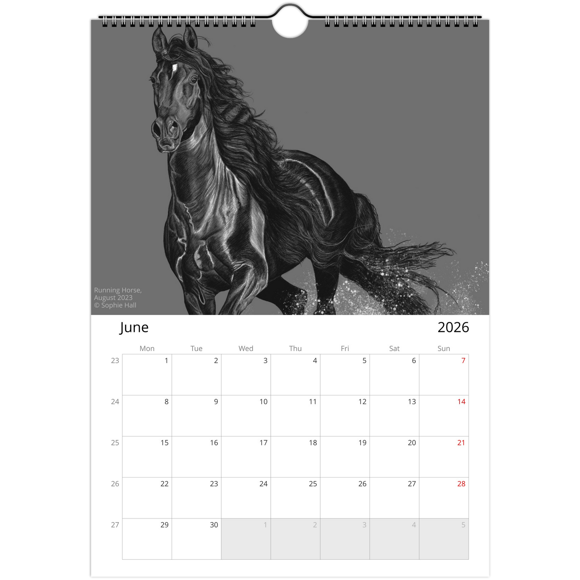 Calendar page for June 2026 with a black and white horse illustration on a gray background