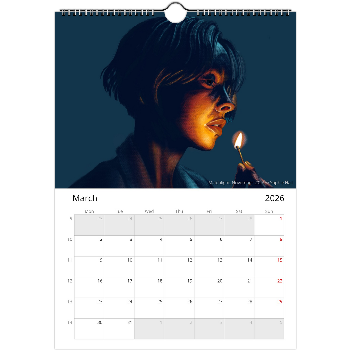 Calendar page for March 2026 with a pastel drawing by Sophie Hall of a person holding a match on a dark blue background.