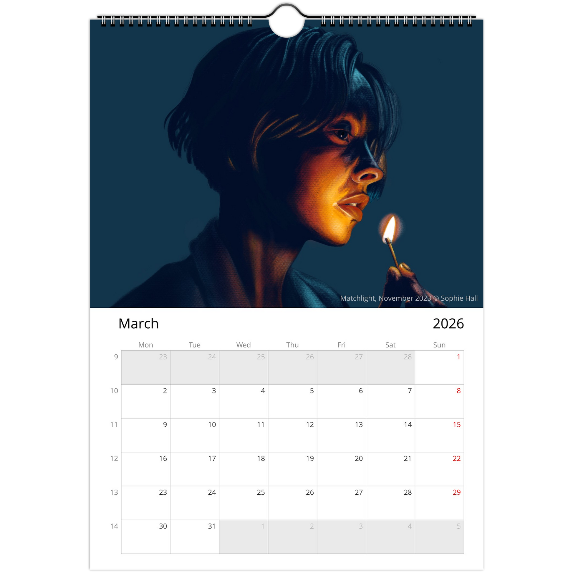 Calendar page for March 2026 with a pastel drawing by Sophie Hall of a person holding a match on a dark blue background.