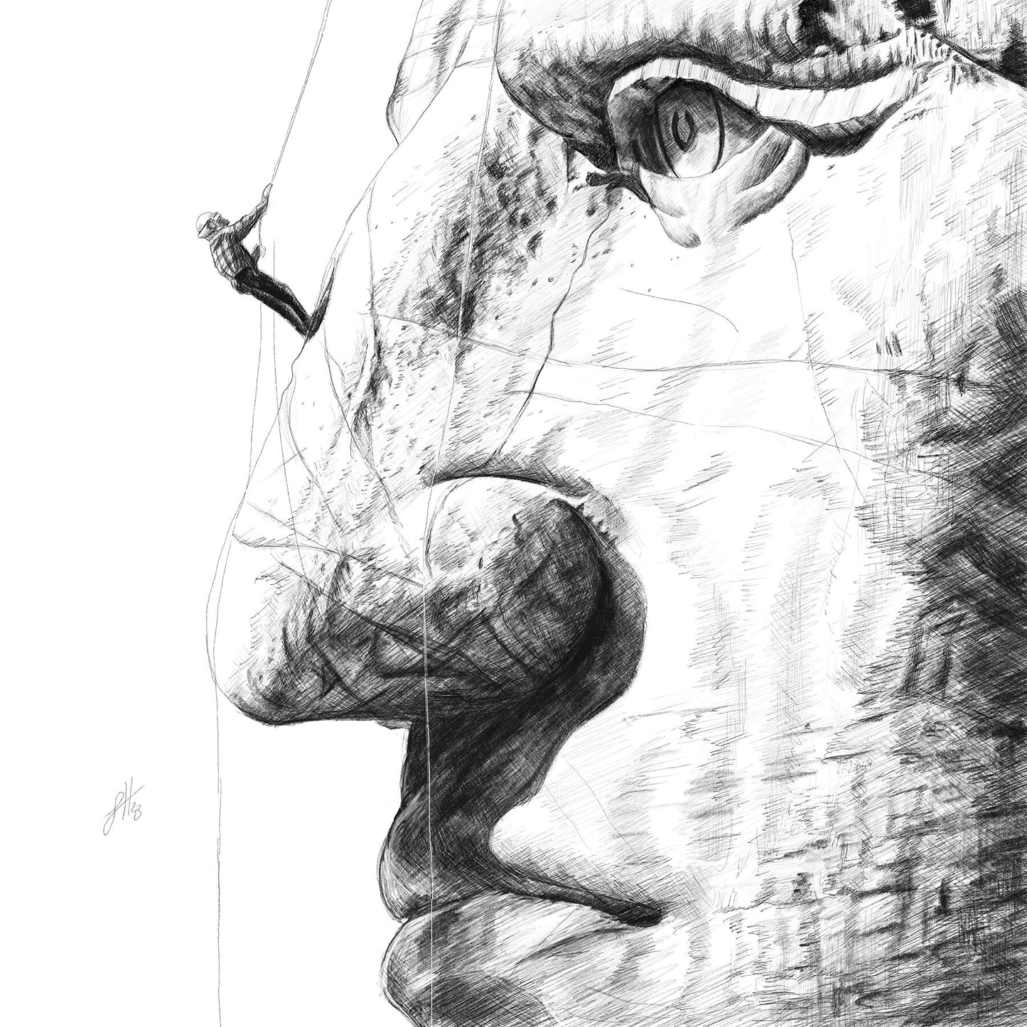 A pencil drawing of the Crazy Horse monument in South Dakota, showing a close-up of the face with a figure climbing the nose of the stone face.
