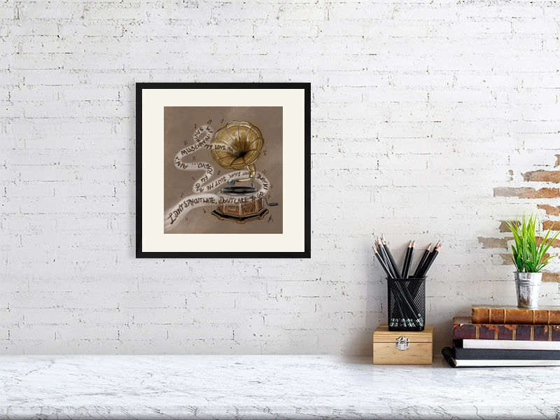 A framed print of an artwork featuring an old-fashioned record player with ink and watercolor illustrations of musical notes and lyrics, hanging on a white brick wall