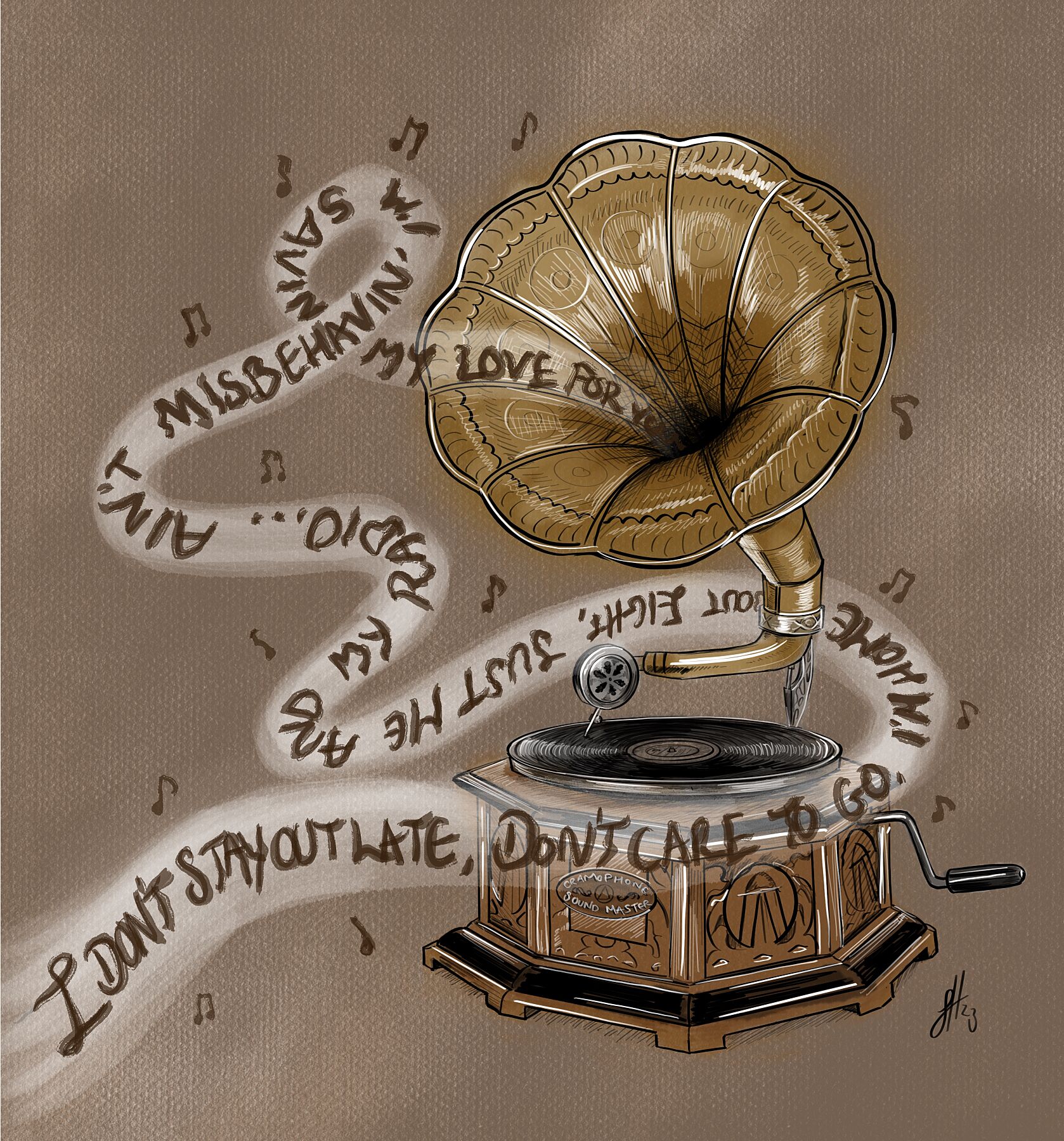 An artwork featuring an old-fashioned record player with ink and watercolor illustrations of musical notes and lyrics.