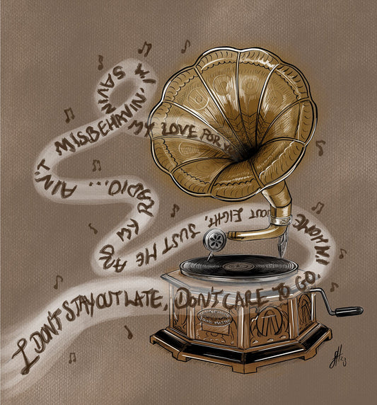 An artwork featuring an old-fashioned record player with ink and watercolor illustrations of musical notes and lyrics.