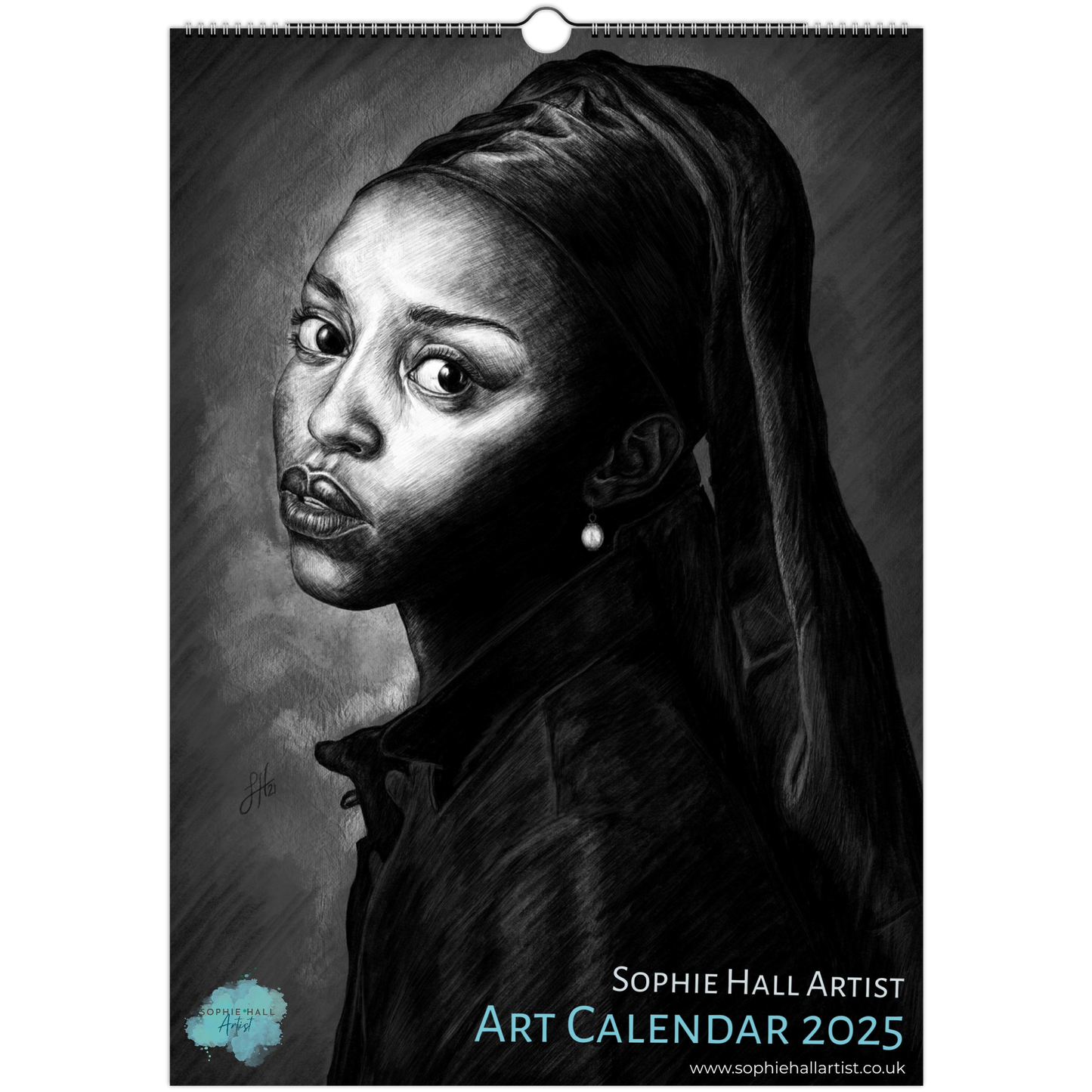 Art calendar featuring a stylized portrait with a pearl earring, by artist Sophie Hall.