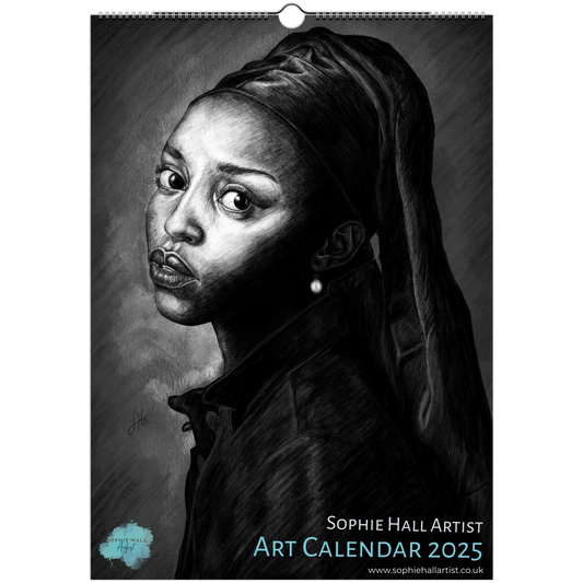 Art calendar featuring a stylized portrait with a pearl earring, by artist Sophie Hall.