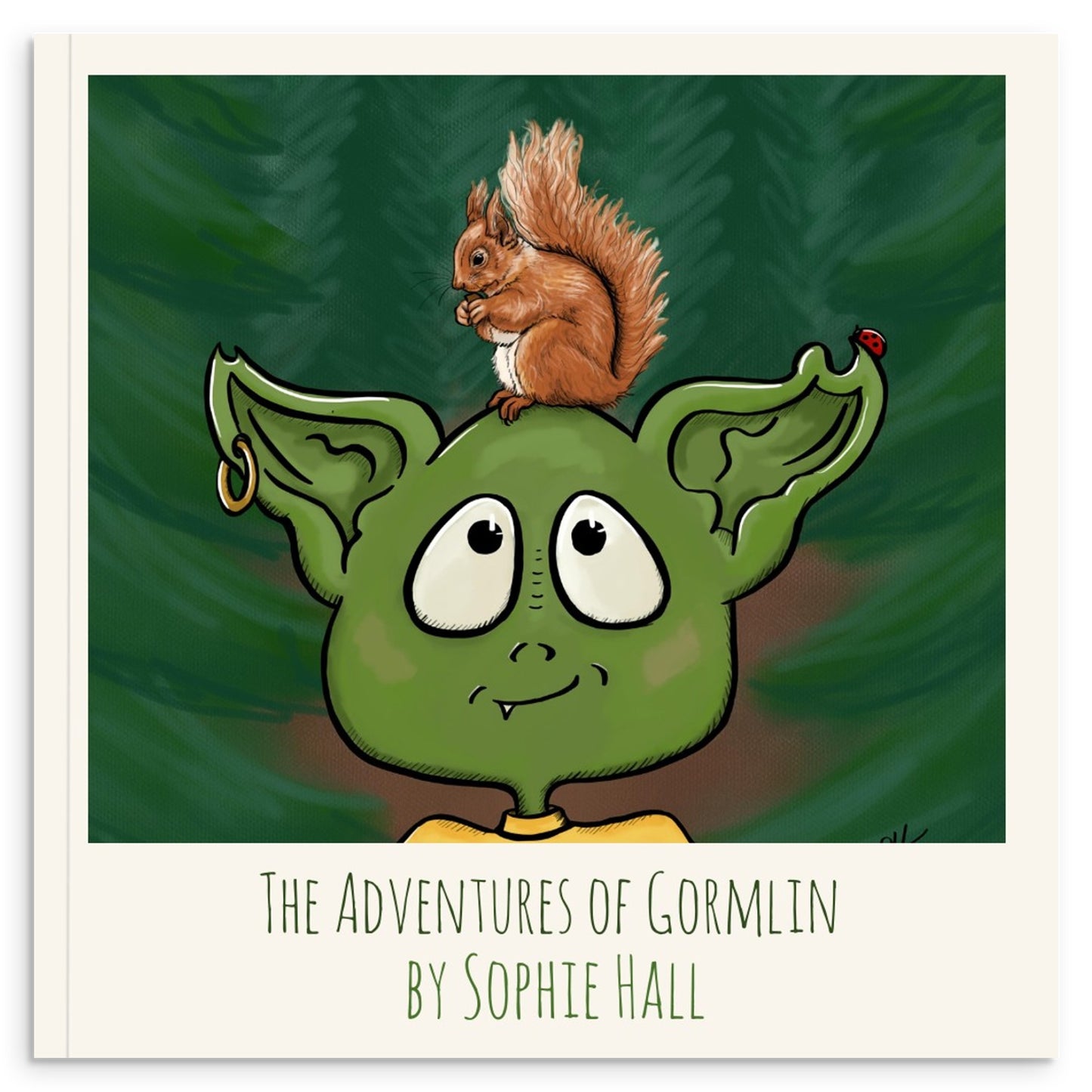 Cover of 'The Adventures of Gormlin' art book featuring a cartoon illustration of a green goblin with a squirrel on its head, set against a forest background.