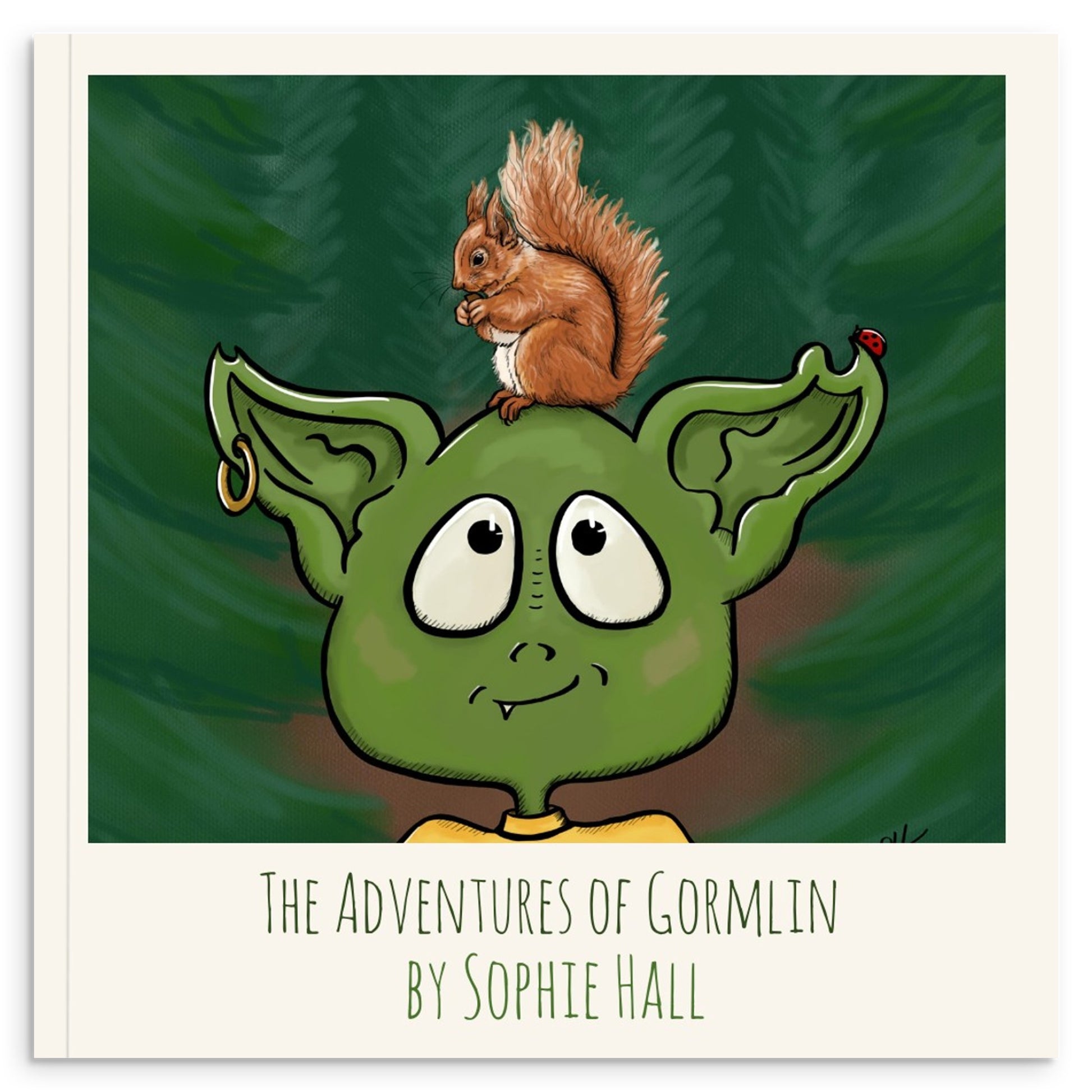 Cover of 'The Adventures of Gormlin' art book featuring a cartoon illustration of a green goblin with a squirrel on its head, set against a forest background.