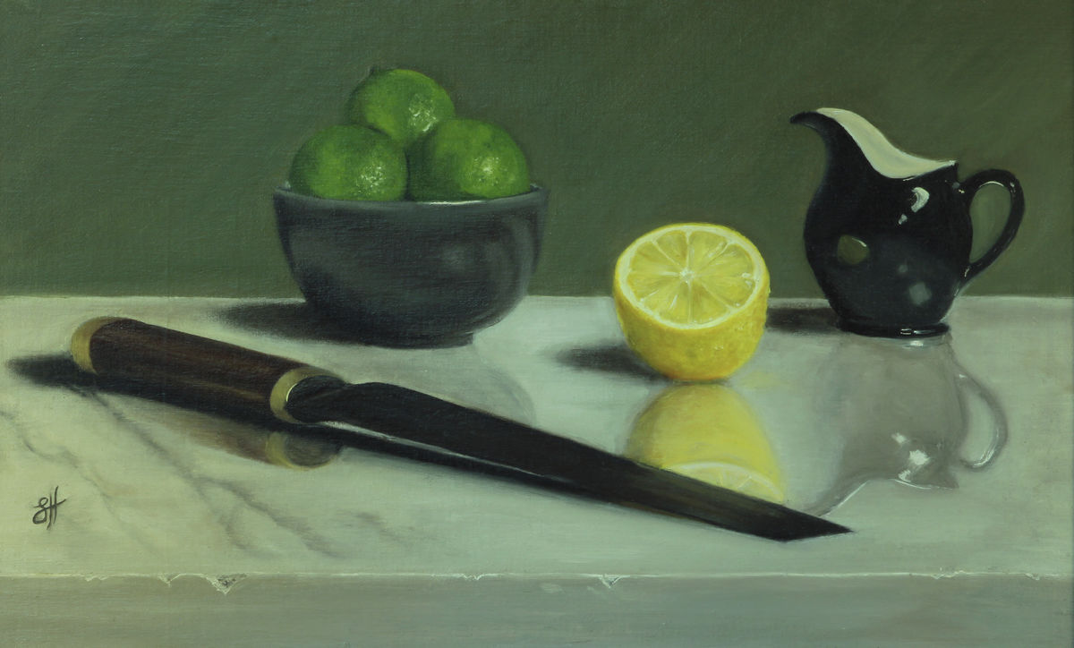 Citrus Fruits, Black Jug and Knife, Giclée Print
