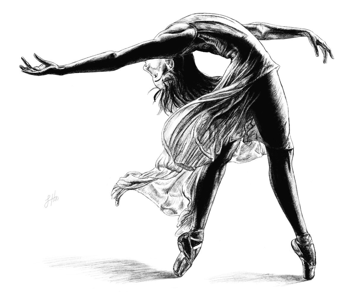 A pencil drawing of a ballet dancer in mid-pose with a flowing costume.