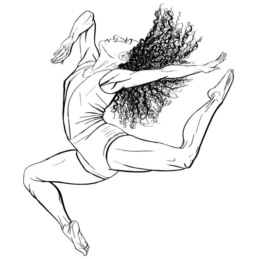 An ink drawing by Sophie Hall of a ballet dancer in mid-leap, depicted with a dynamic and graceful pose and loose natural hair.