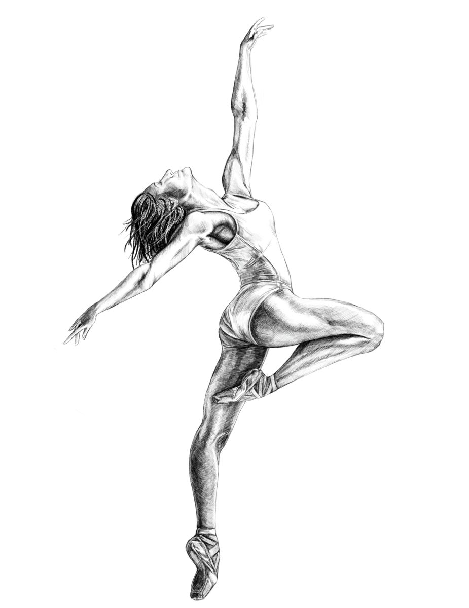Detailed pencil drawing by Sophie Hall of a ballet dancer mid Pique pose, with arms outstretched.