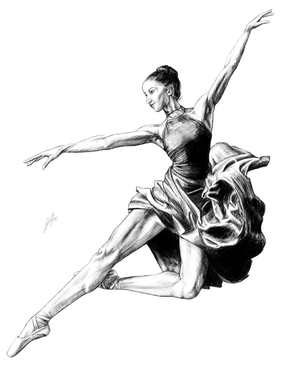 A pencil drawing of a ballet dancer in mid-jump, with a detailed depiction of the dancer's pose and the flow of the dancer's dress.