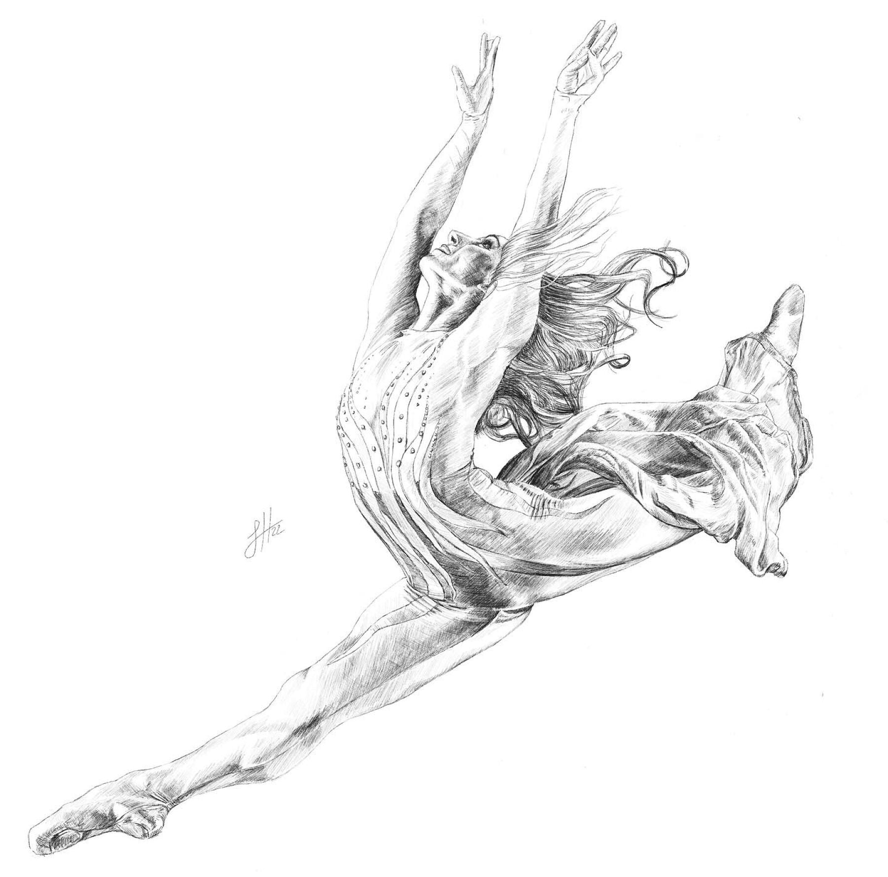 Detailed pencil drawing of a ballet dancer in a dynamic leaping pose with arms raised, inspired by Stravinsky's Firebird ballet. Signed by Sophie Hall.