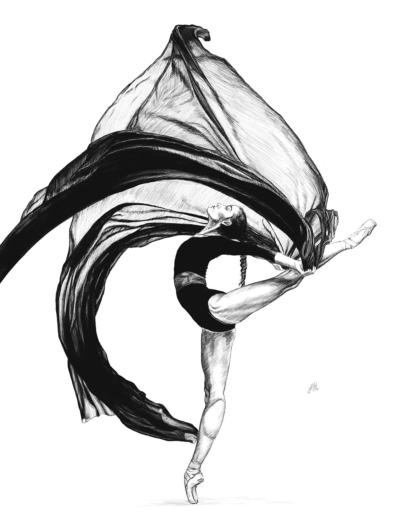 A detailed pencil drawing featuring a ballet dancer in a dynamic pose with flowing black gauze fabric.