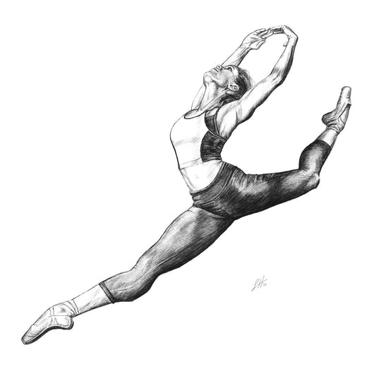 A black and white pencil drawing of a ballet dancer in mid-leap, with a visible signature 'SH' monogram on the right side.