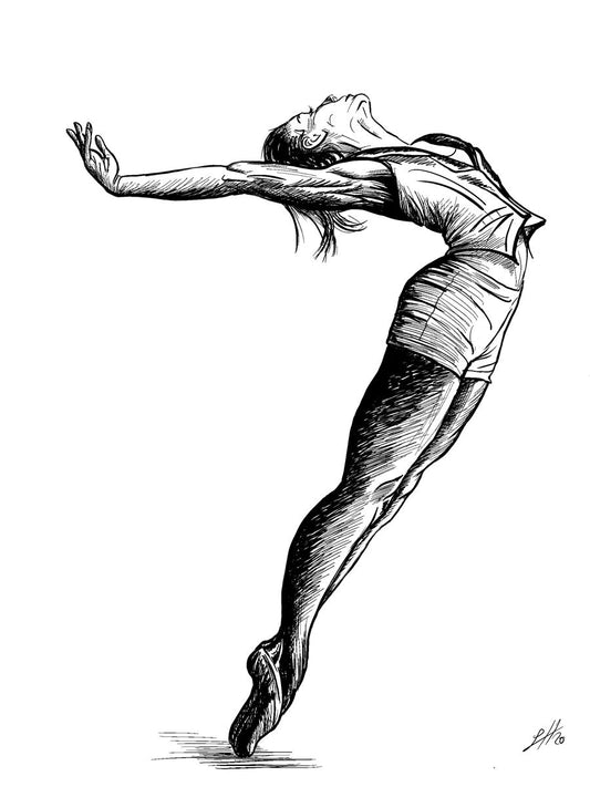 Black and white ink drawing of a ballet dancer in mid-motion, title 'Ballet Dancer V' by Sophie Hall.