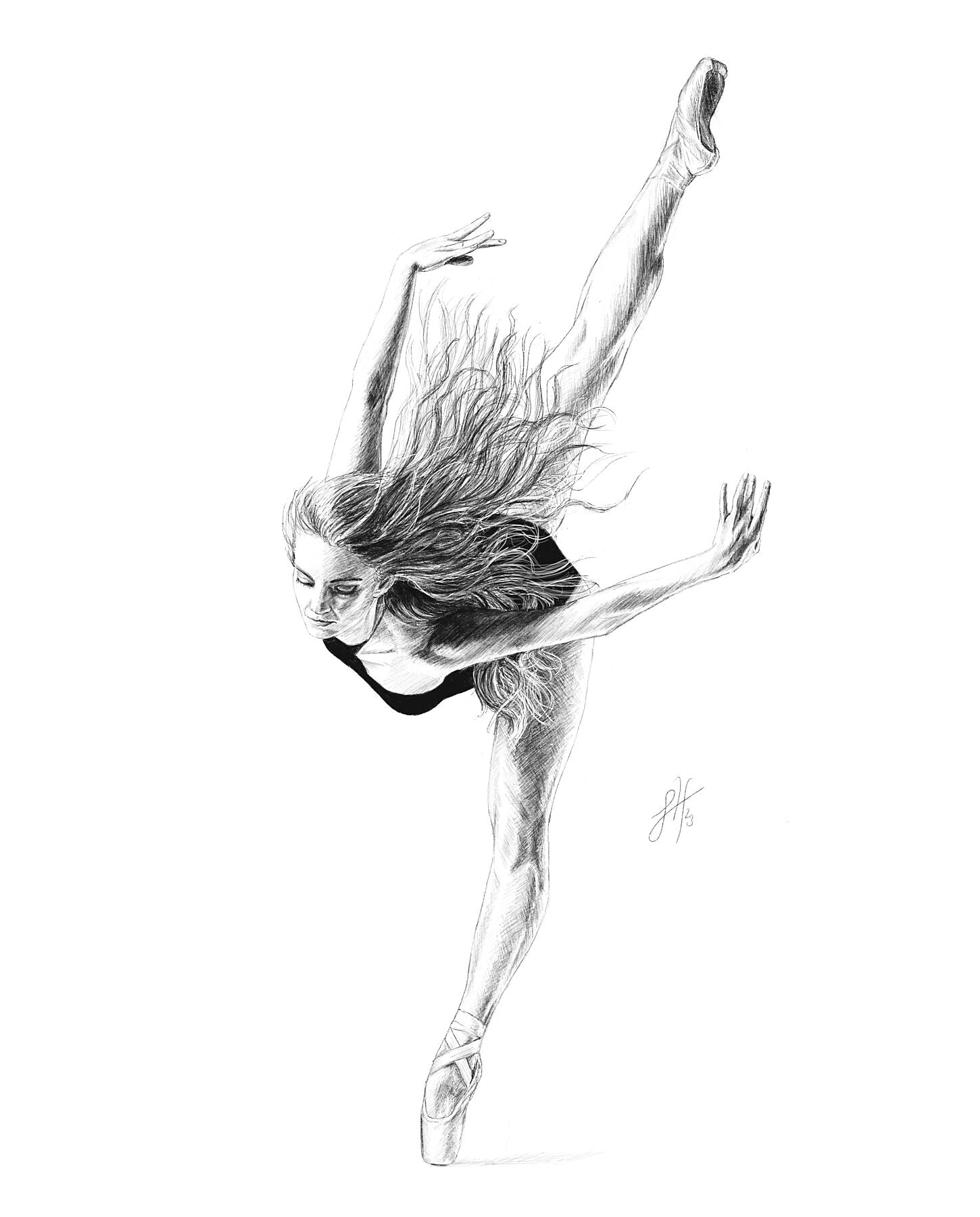 A delicate pencil drawing on a white background of a ballet dancer en pointe in mid-bend, with limbs outstretched and loose hair. Signed with Sophie Hall's monogram.