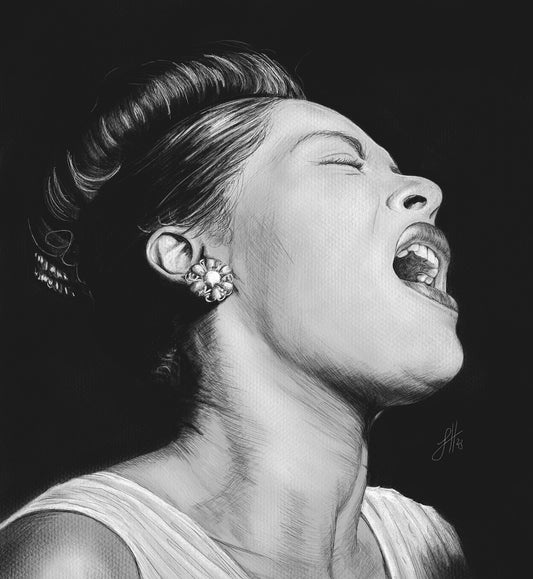 A black and white portrait pencil drawing of Billie Holiday, depicting the singer with a expressive pose and closed eyes, capturing a sense of emotion and intensity. Signed in the right corner with Sophie Hall's monogram.