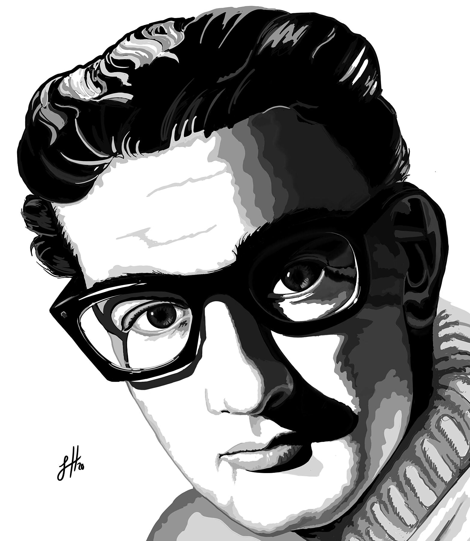 A digital ink portrait of Buddy Holly with his iconic black framed glasses, depicted in sharp contrast monochrome and signed by Sophie Hall.