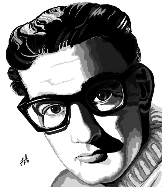 A digital ink portrait of Buddy Holly with his iconic black framed glasses, depicted in sharp contrast monochrome and signed by Sophie Hall.