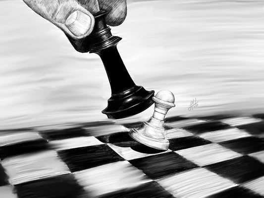 A pencil drawing of a chess piece moving on a checkered board to knock another piece over, with a hand in the background. Signed by Sophie Hall.