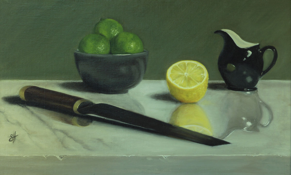 Traditional style oil painting featuring citrus fruits in a bowl, a lemon cut in half, a black jug, and a knife placed on a reflective marble surface. Signed by the artist Sophie Hall.