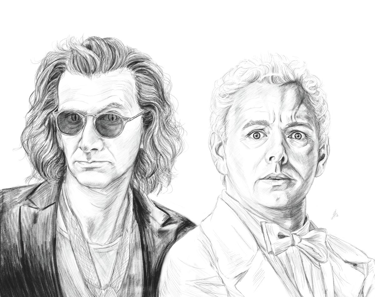 A detailed pencil drawing of the characters Crowley and Aziraphale from the TV show Good Omens, signed by artist Sophie Hall.