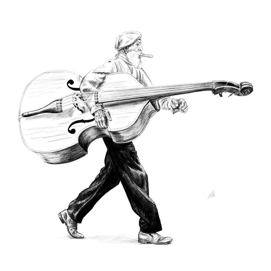 A detailed pencil drawing of a man in a flat cap carrying a large bass instrument under one arm and striding towards the right. Monogram signed on the right by Sophie Hall.