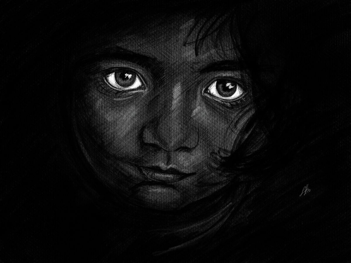 A chalk and pencil portrait drawing on a dark paper background of a young child with striking emotive eyes, signed in the corner by Sophie Hall.