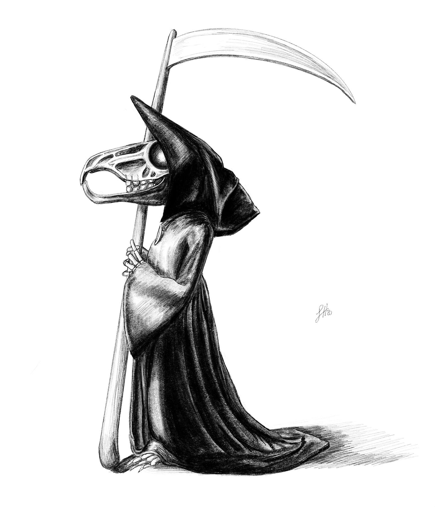 A pencil drawing of a stylized rat character with a skull for a head, holding a large scythe, and dressed in a black robe. Signed with Sophie Hall's monogram.