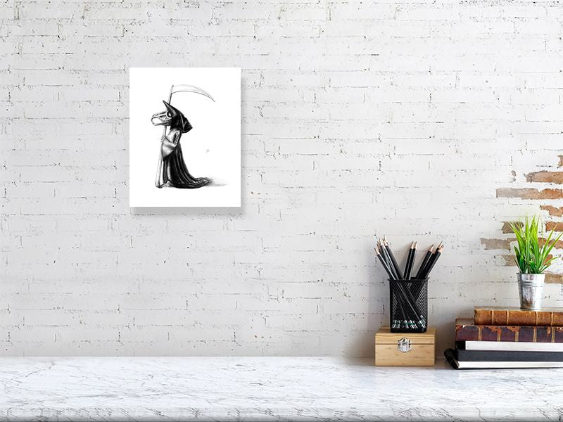 A small unframed pencil drawing of a stylized rat skeleton character holding a large scythe, and dressed in a black robe. hanging on a white brick wall over a desk.