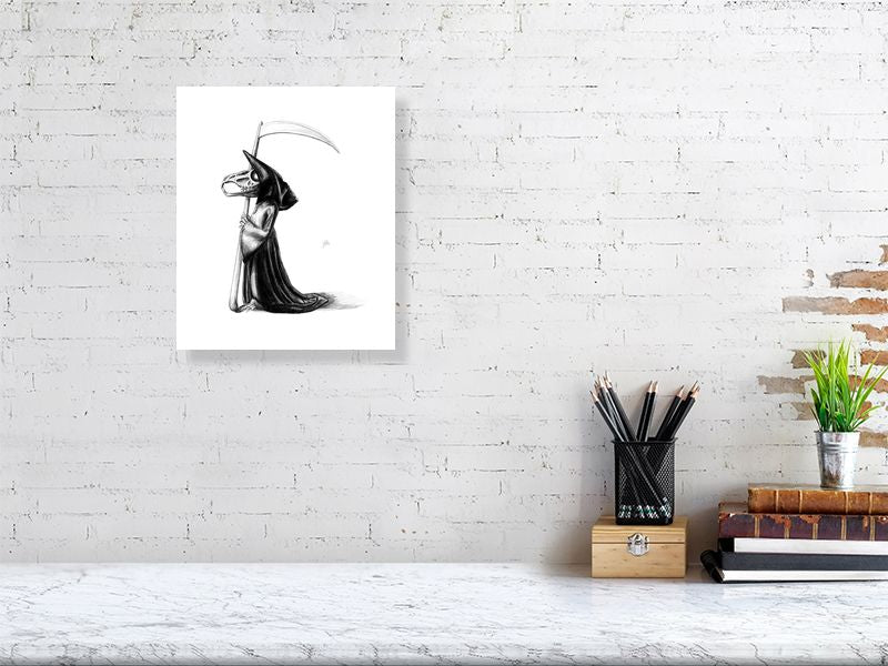 A medium size unframed pencil drawing of a stylized rat skeleton character holding a large scythe, and dressed in a black robe. hanging on a white brick wall over a desk.