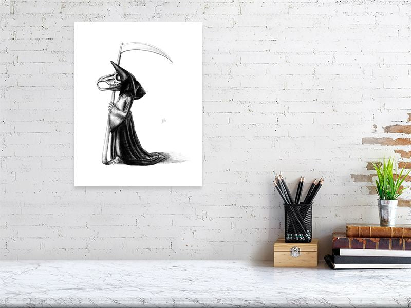 A large unframed pencil drawing of a stylized rat skeleton character holding a large scythe, and dressed in a black robe. hanging on a white brick wall over a desk.