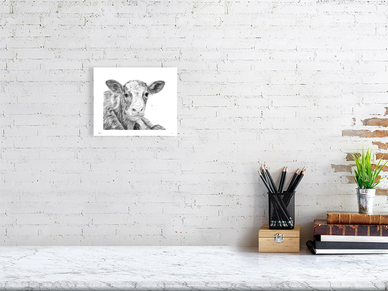 Small limited edition art print of a pencil drawing depicting a cow, with a focus on the animal's expressive face. Print hangs on a white brick wall.